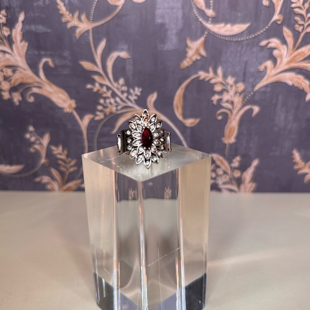 Vintage Estate Adjustable Silver Toned Blooming Firework Red Ring Lot D52